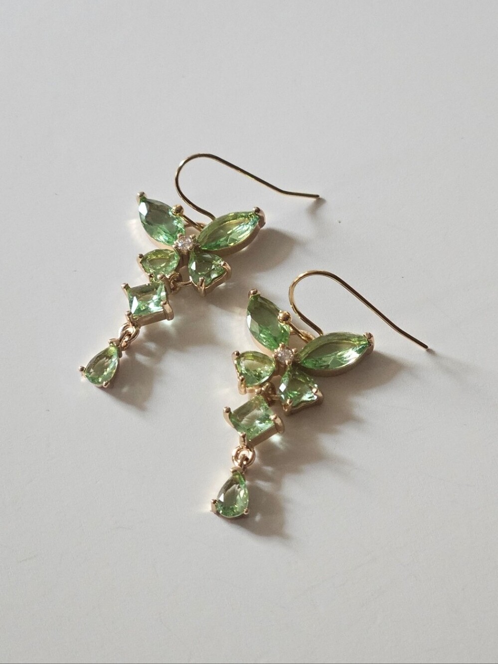 Gold Tone Green Crystal Butterfly Drop Earrings